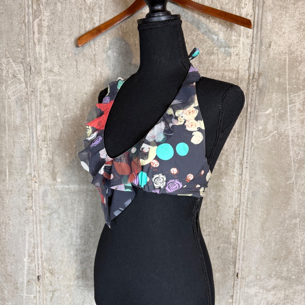 SHAN Floral Polka Dot Ruffle Halter Bikini Top Black Multi Size 8 Made in Canada